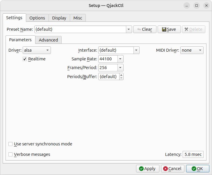 Screenshot of the qjackctl settings dialog