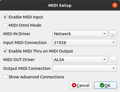 Screenshot of the VMPK MIDI Setup dialog.